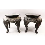 60A PAIR OF 19TH CENTURY ORIENTAL HARDWOOD CARVED STANDS, stood upon four carved curving feet,