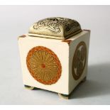 A JAPANESE MEIJI PERIOD IMERIAL SATSUMA LIDDED KORO, the body of the square form koro with mon and