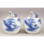 TWO JAPANESE HIRADO STYLE BLUE & WHITE JARS & COVERS, the body of the vases with decoration