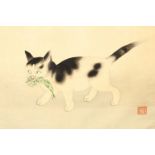 A GOOD JAPANESE MEIJI PERIOD FRAMED PAINTING OF A CAT & LIZARD, the painting depicting a cat with