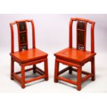 A PAIR OF CHINESE RED HARDWOOD & RED LACQUER CHAIRS, the back with lacquer decoration of figures,