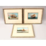 THREE 19TH CENTURY CHINESE WATERCOLOUR ON GOUACHE OF JUNKS, framed measuring 30.5cm x 26cm.(3)