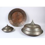 TWO 18TH CENTURY OTTOMAN ARMENIAN TINNED COPPER LIDDED SERVING DISHES, the larger dish with Armenian