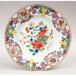 AN 18TH CENTURY CHINESE FAMILLE ROSE PORCELAIN PLATE, decorated with a cart of floral display, 22.