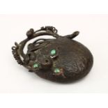 A GOOD 19TH CENTURY CHINESE BRONZE WATER DROPPER IN THE FORM OF A GOURD, the fruit with three inlaid