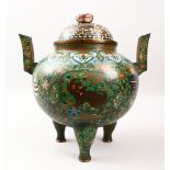 A 19TH CENTURY OR EARLIER CHINESE CLOISONNE TRIPOD CENSER & COVER, the body decorated upon a green