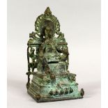 A GOOD 19TH CENTURY OR EARLIER INDAIN BRONZE FIGURE OF DEITY, seated at a throne, 15.5cm high x