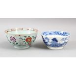 TWO 18TH / 19TH CENTURY CHINESE FAMILLE ROSE & BLUE AND WHITE TRANSFER PORCELAIN BOWLS, one