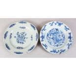 TWO 18TH CENTURY CHINESE BLUE & WHITE PORCELAIN PLATES, both with floral decoration, both with metal