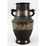 A 19TH / 20TH CENTURY CHINESE CLOISONNE AND BRONZE VASE, the vase with twin moulded handles, and