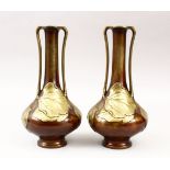 A GOOD PAIR OF JAPANESE MIXED METAL LEAF FORM BRONZE VASES, each decorated with moulded leaf