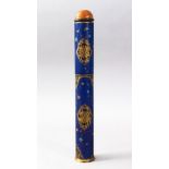 A GOOD 19TH CENTURY TURKISH CYLINDRICAL WOODEN PEN BOX, decorated with gilded motif upon blue