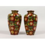 A PAIR OF JAPANESE CLOISONNE ENAMEL VASES. 6ins high.