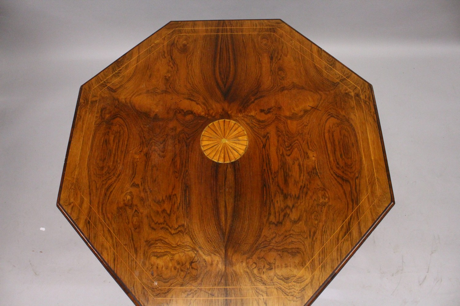 A LATE VICTORIAN ROSEWOOD OCTAGONAL SHAPED CENTRE TABLE, with inlaid decoration, tapering square - Image 3 of 4