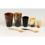 A GROUP OF 19TH CENTURY HORN BEAKERS, and two spoons (7). Largest: 4.75ins high.