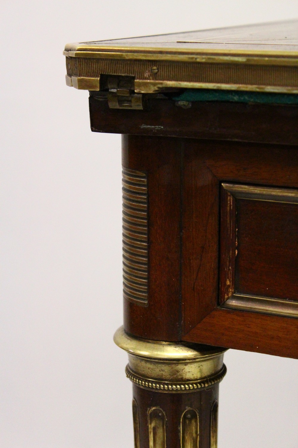 PAUL SORMANI, A GOOD 19TH CENTURY MAHOGANY AND BRASS BOUND ENVELOPE CARD TABLE, with baize lined - Image 13 of 17