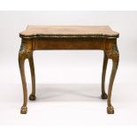 A GEORGE II DESIGN MAHOGANY FOLD-OVER TOP CARD TABLE, with carved edges, green baize cover and
