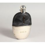 A "CROSS" PLATE AND LEATHER HIP FLASK.