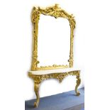 A SUPERB LARGE 18TH-19TH CENTURY ITALIAN CARVED AND GILDED CONSOLE AND MIRROR, the mirror carved