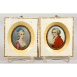 A PAIR OF "PIANO KEY" FRAMED OVAL PORTRAIT MINIATURES, man in a red coat, lady wearing a .purple