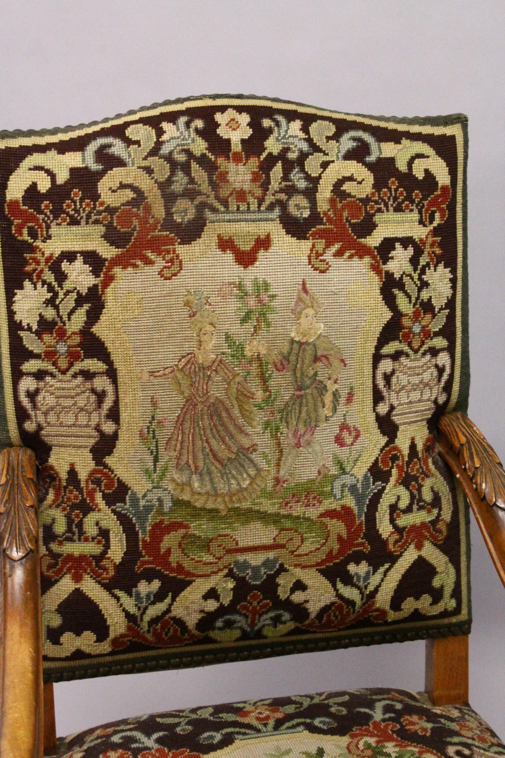 A 19TH CENTURY CARVED BEECH FRAMED ARMCHAIR, with tapestry upholstery. - Image 5 of 7