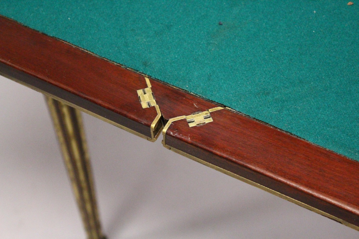 PAUL SORMANI, A GOOD 19TH CENTURY MAHOGANY AND BRASS BOUND ENVELOPE CARD TABLE, with baize lined - Image 10 of 17