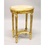 A GILT WOOD AND MARBLE TOPPED OCCASIONAL TABLE.