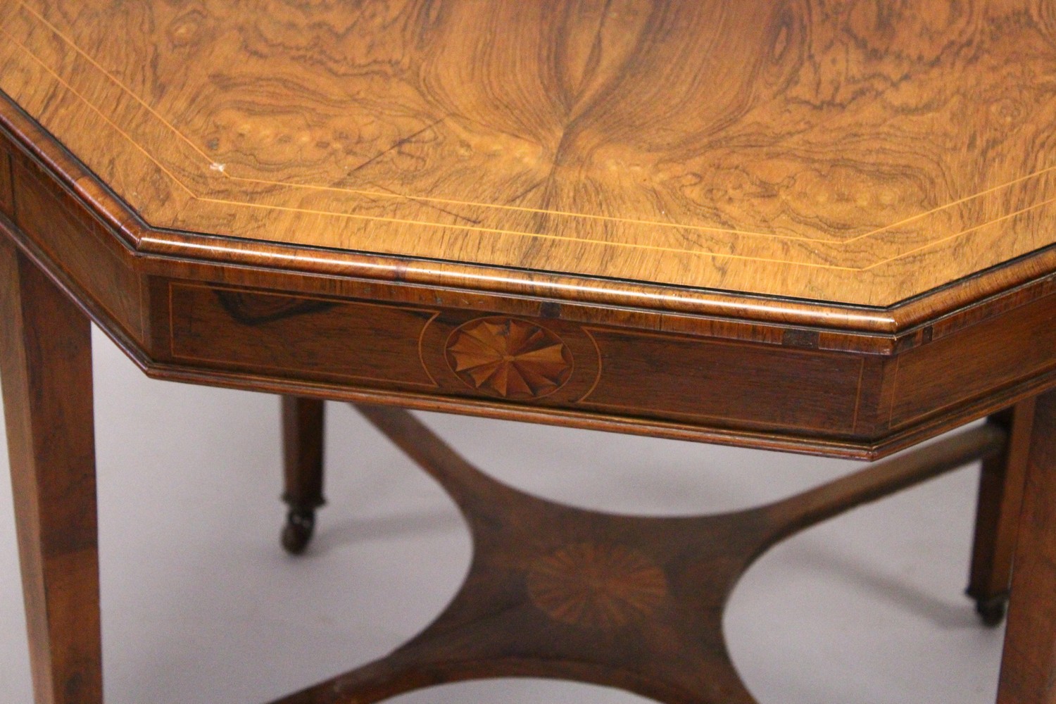 A LATE VICTORIAN ROSEWOOD OCTAGONAL SHAPED CENTRE TABLE, with inlaid decoration, tapering square - Image 2 of 4