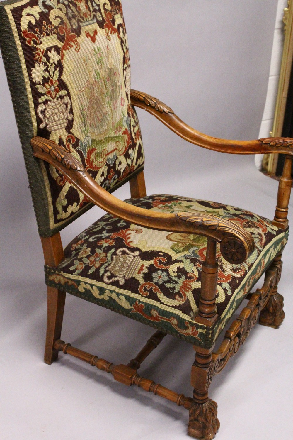 A 19TH CENTURY CARVED BEECH FRAMED ARMCHAIR, with tapestry upholstery. - Image 4 of 7