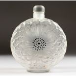 A LARGE LALIQUE FROSTED GLASS CHRYSANTHEMUM CIRCULAR-SHAPED SCENT BOTTLE AND STOPPER, with blue