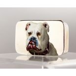 A VICTORIAN SILVER AND ENAMEL VESTA, the lid with a BULLDOG. 2ins long. London 1887. Maker: G.H.