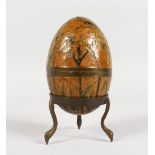 A 20TH CENTURY CLOISONNE STYLE MODEL OF AN EGG ON STAND.