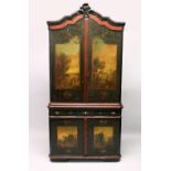 A GOOD 18TH CENTURY CONTINENTAL PAINTED PINE CORNER CUPBOARD, with a shaped and carved cornice,