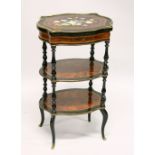 A 19TH CENTURY FRENCH KINGWOOD, EBONY AND BRASS MOUNTED THREE TIER WORK TABLE, of serpentine