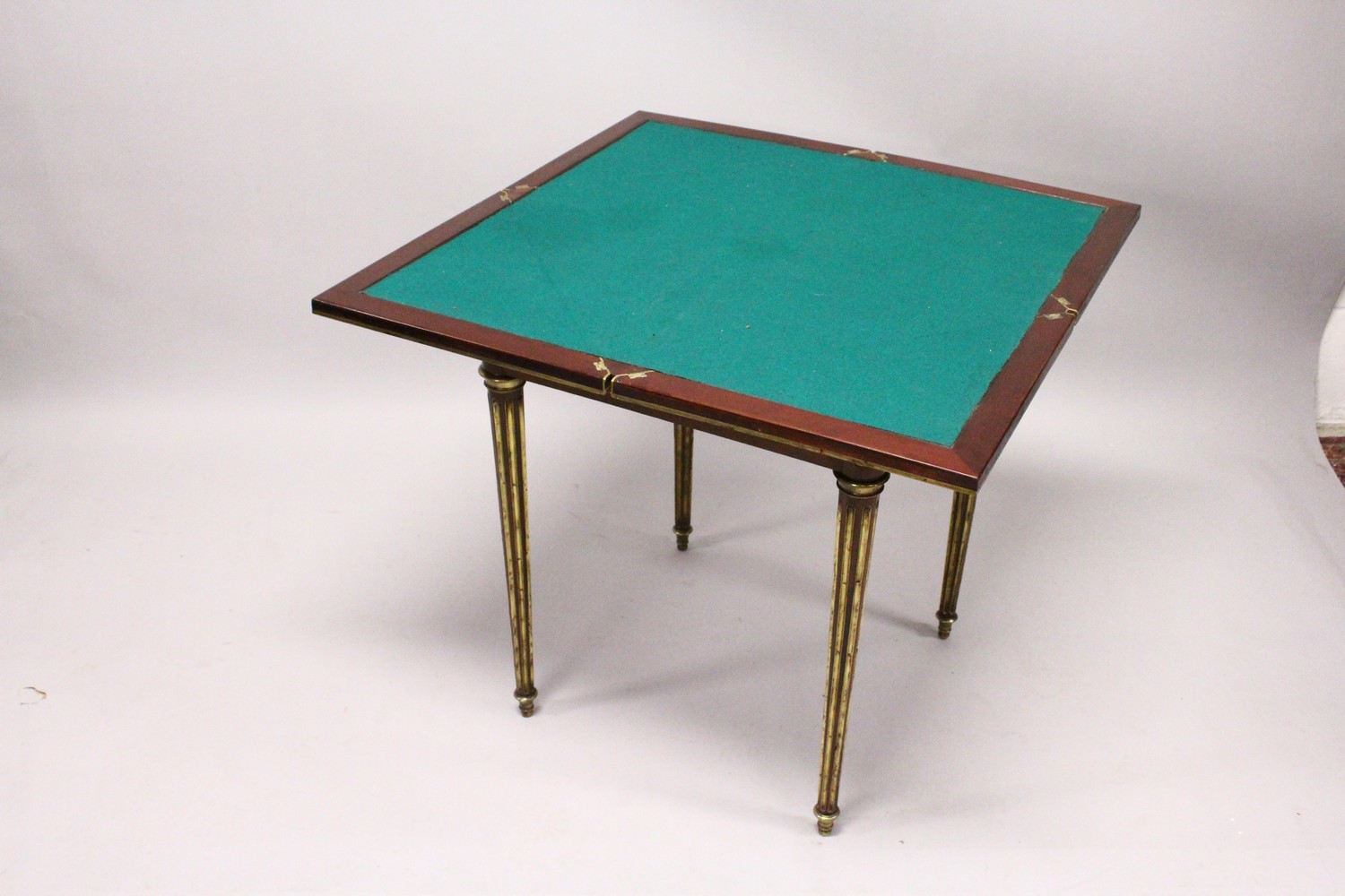 PAUL SORMANI, A GOOD 19TH CENTURY MAHOGANY AND BRASS BOUND ENVELOPE CARD TABLE, with baize lined - Image 9 of 17