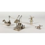 THREE DUTCH SILVER MINIATURE MODELS, a windmill, a drawbridge and a horse drawn barge. Various