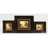 THREE SMALL LIMOGES STYLE ENAMEL PANELS, each depicting rural scenes, framed. 7.75ins wide and