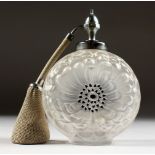 A LALIQUE FROSTED GLASS CHRYSANTHEMUM CIRCULAR-SHAPED ATOMISER. with chrome top and puffer. Engraved
