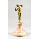 AN ART NOUVEAU SMALL GILT BRONZE FIGURE OF A FEMALE STANDING NUDE, on a marble base. 9.5ins high.