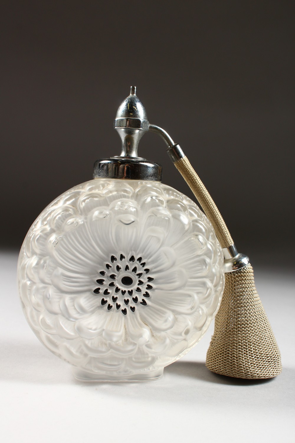 A LALIQUE FROSTED GLASS CHRYSANTHEMUM CIRCULAR-SHAPED ATOMISER. with chrome top and puffer. Engraved - Image 3 of 7