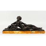 AN ART DECO PATINATED SPELTER GROUP, of a reclining woman with a dog, on a marble base. 21.75ins