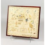 A 19TH CENTURY PICTORIAL ALPHABET SAMPLER, dated 1834, framed and glazed. 14.5ins x 13.5ins.