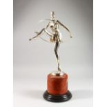 A CHROME PLATED BRONZE FIGURE OF AN ART NOUVEAU DANCER, on a marble base.