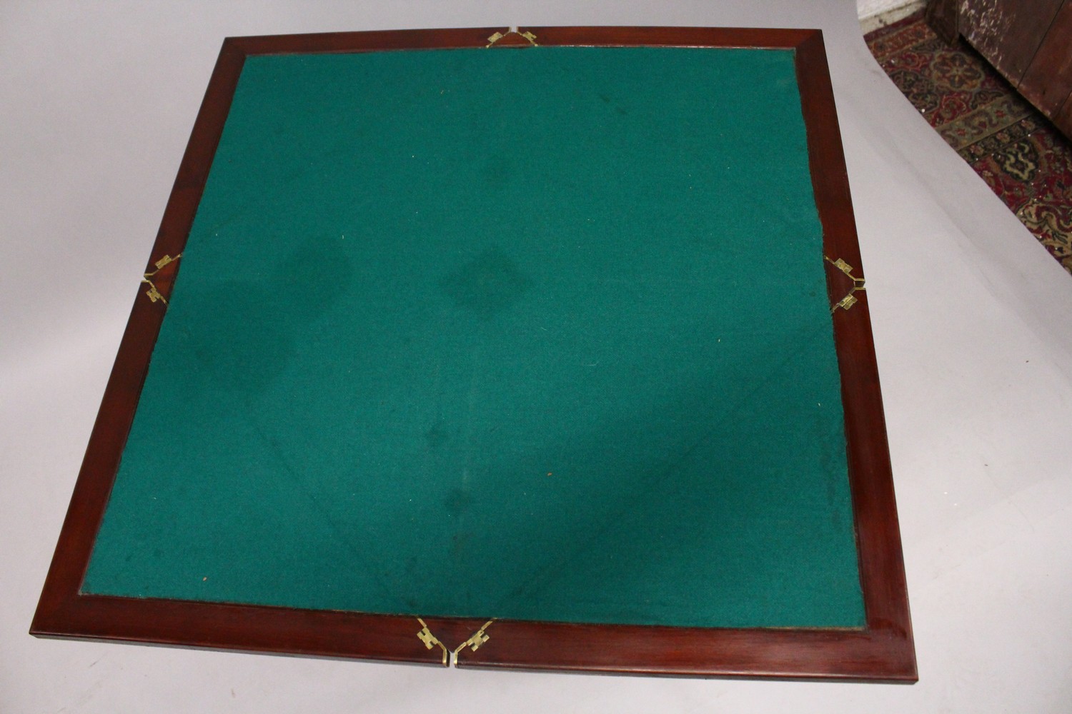 PAUL SORMANI, A GOOD 19TH CENTURY MAHOGANY AND BRASS BOUND ENVELOPE CARD TABLE, with baize lined - Image 11 of 17