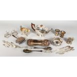 A BOX OF SUNDRY PLATED ITEMS, including teapot, candle snuffer, sauceboat, salad servers, pair of