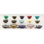 A COLLECTION OF SIXTEEN ROMAN TYPE DECORATIVE GLASS BOWLS. (one destroyed)