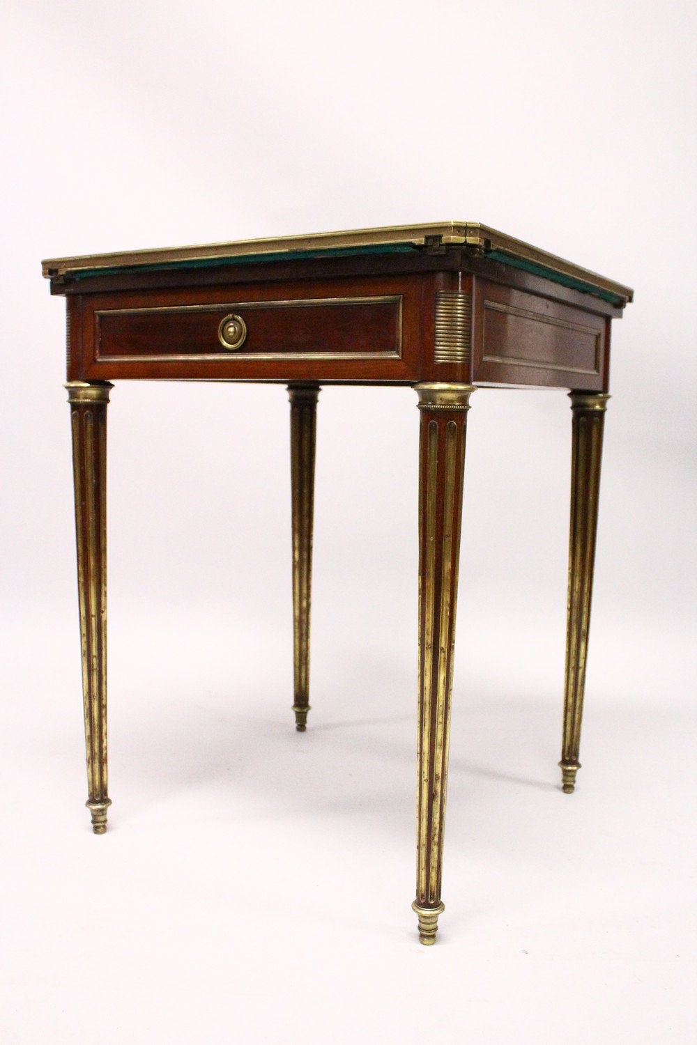 PAUL SORMANI, A GOOD 19TH CENTURY MAHOGANY AND BRASS BOUND ENVELOPE CARD TABLE, with baize lined - Image 6 of 17
