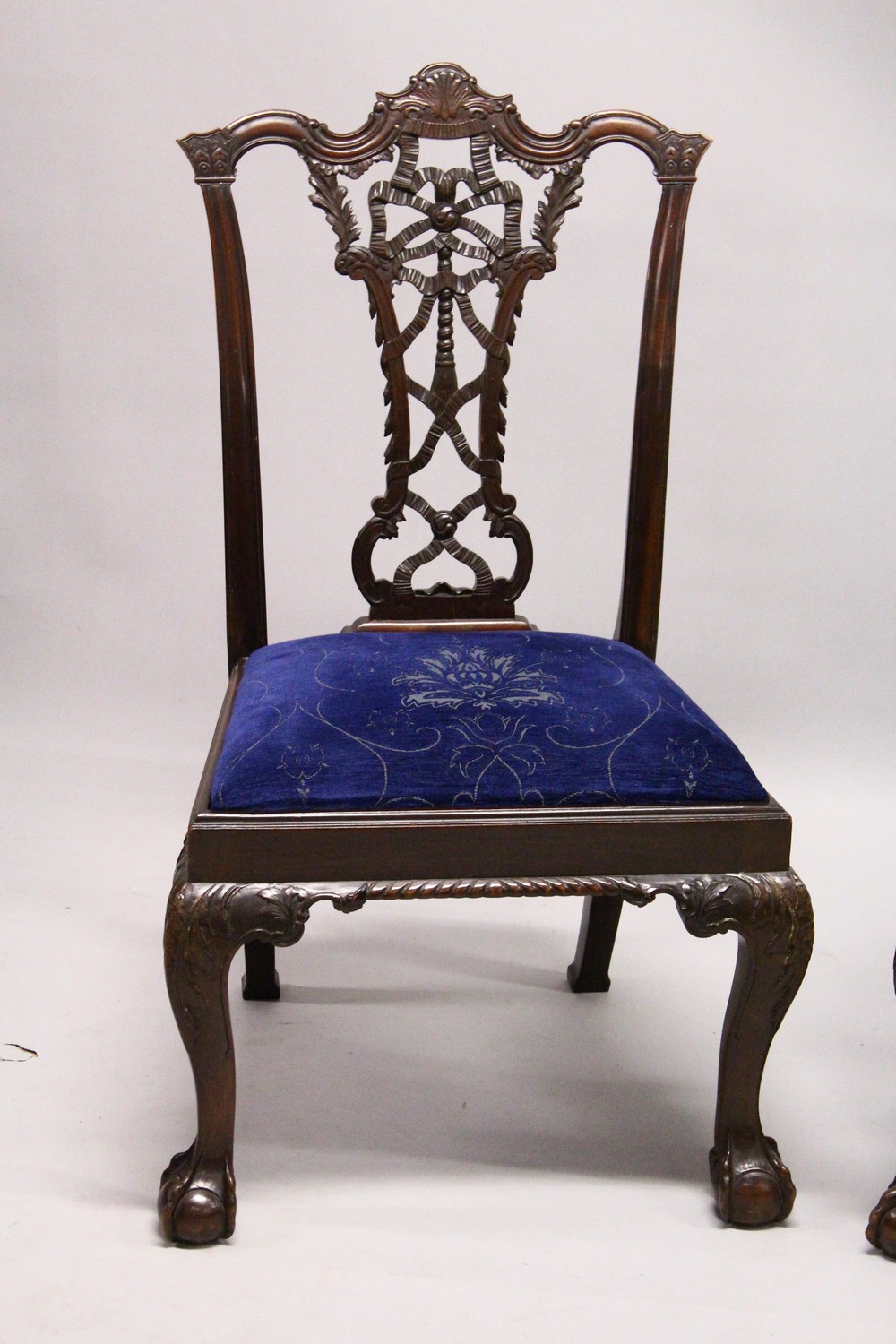 A GOOD SET OF EIGHT CHIPPENDALE STYLE MAHOGANY DINING CHAIRS, TWO WITH ARMS, all profusely carved, - Image 2 of 5