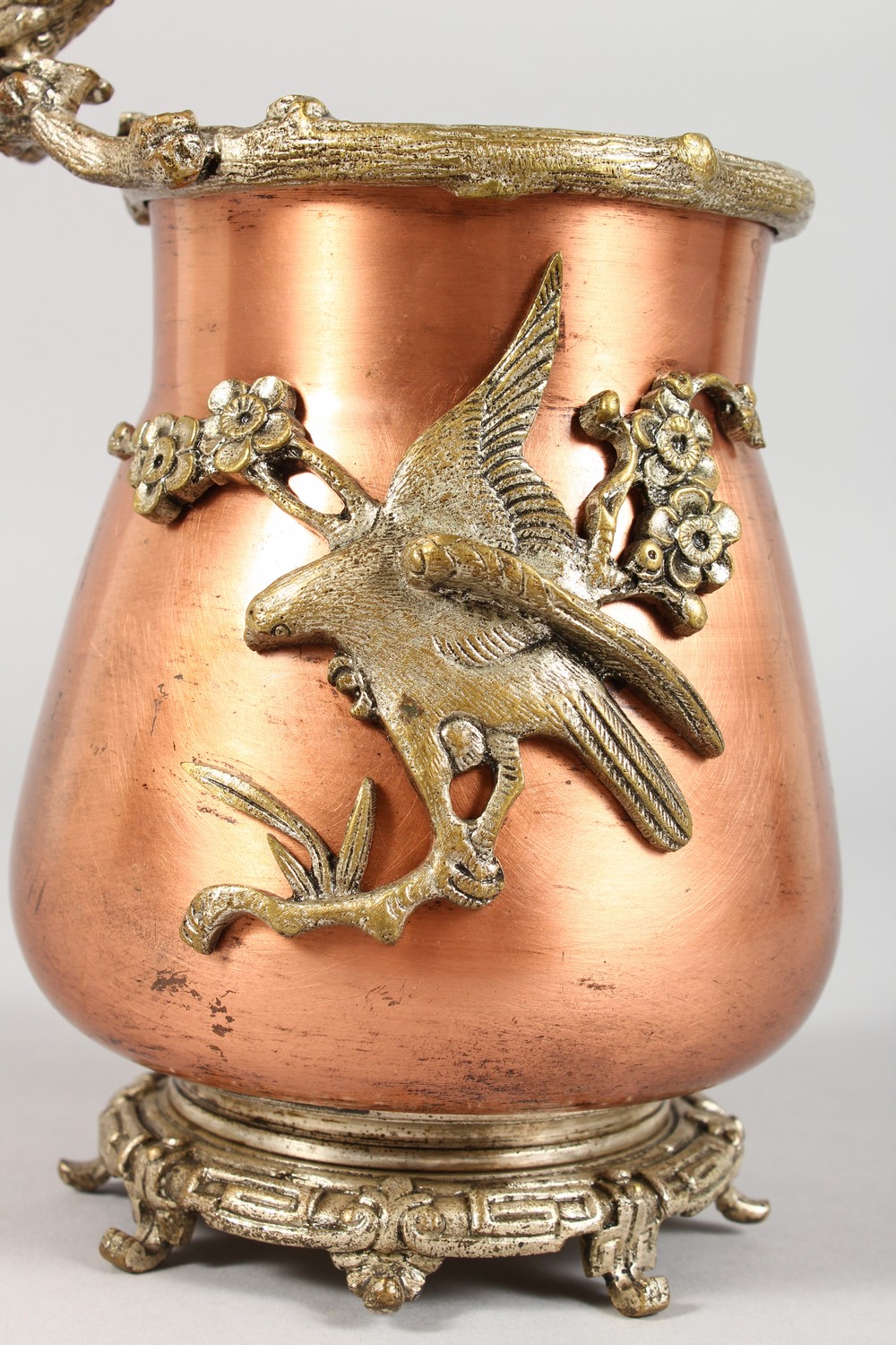 A COPPER VASE, with cast metal mounts, modelled as birds. 8ins high. - Image 2 of 8