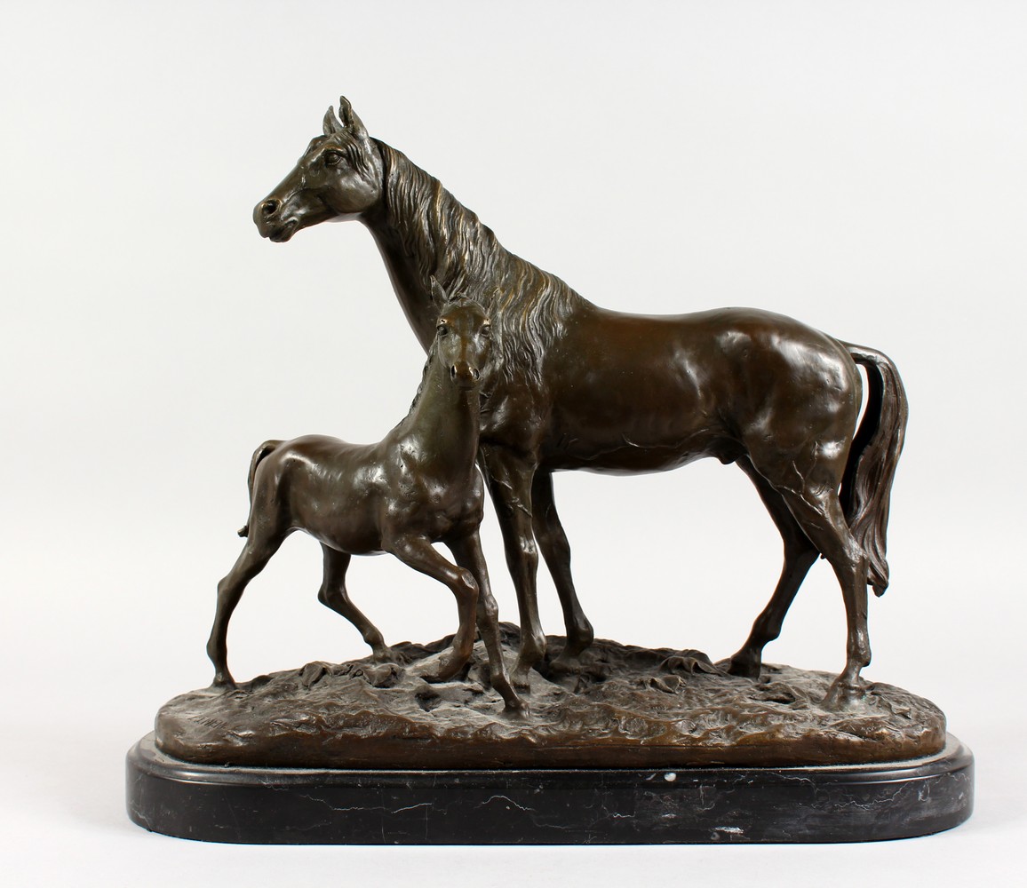 AFTER P. J. MENE A LARGE BRONZE GROUP, MARE AND FOAL. Signed P. J. MENE, on a naturalistic base with